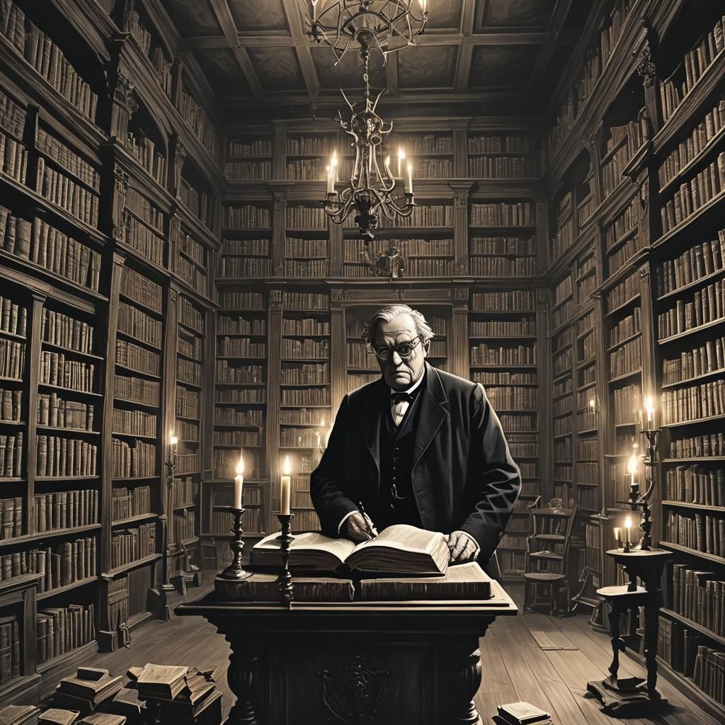 Mysterious Librarian in Grand Library: Cozy Fantasy Art