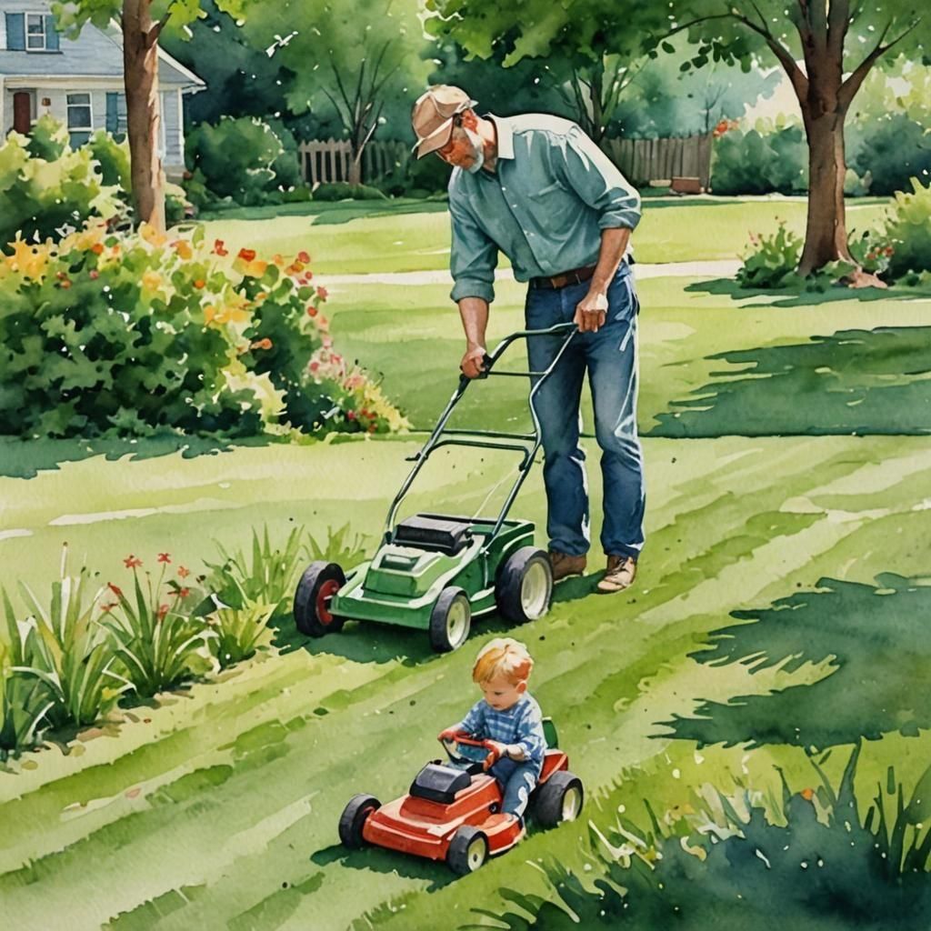 Father and Son Mowing Lawn in Watercolor