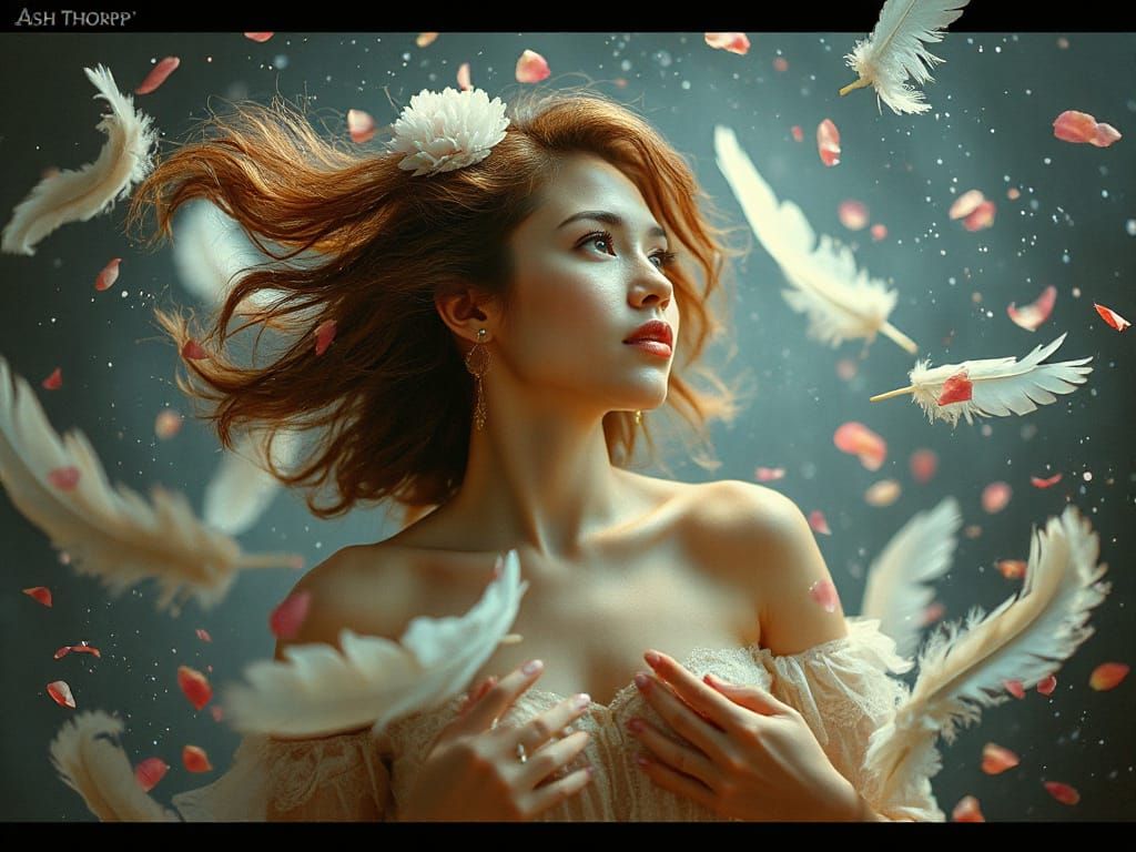 Whimsical Woman Surrounded by Floating Elements