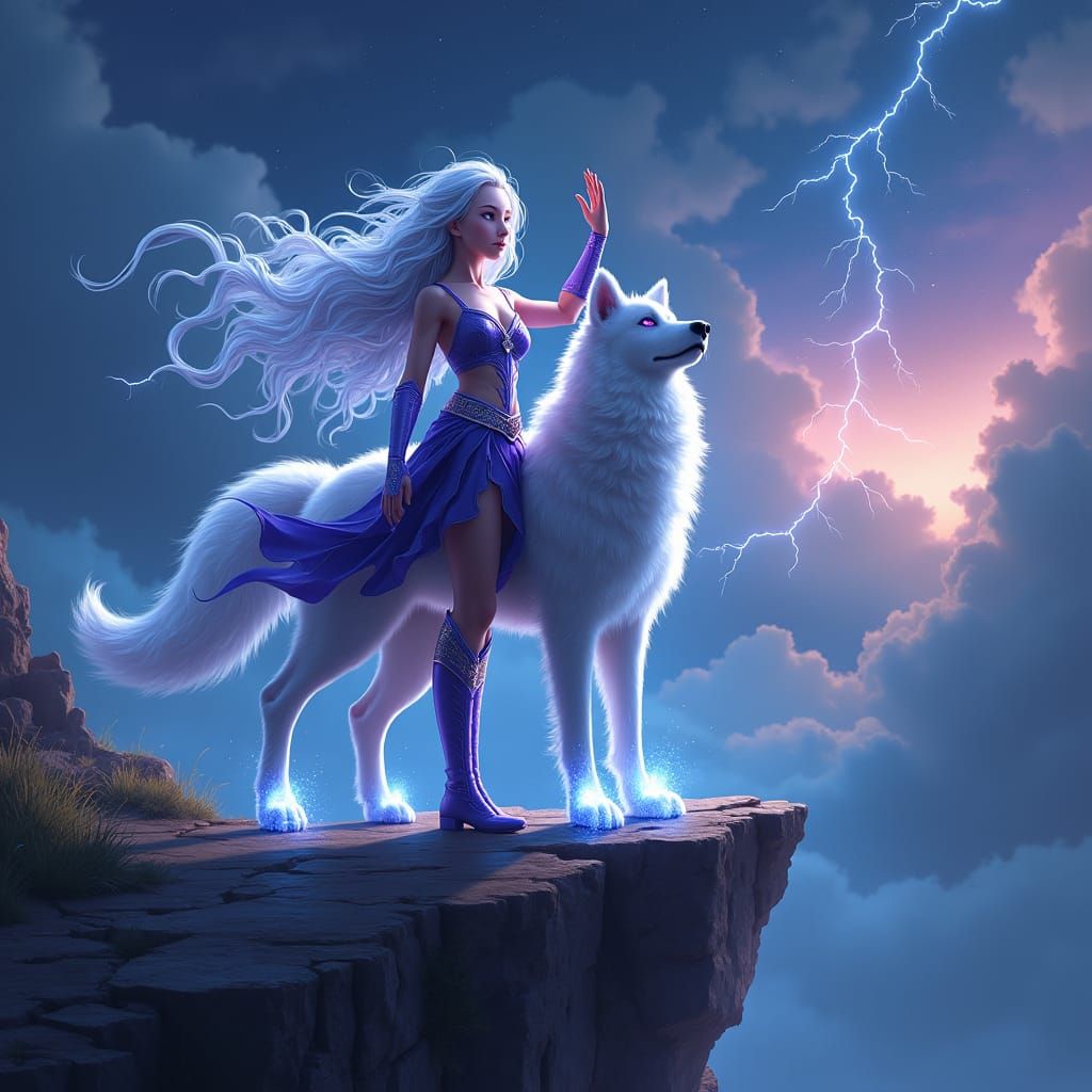 Majestic Woman with Electric Puppy Commands the Storm
