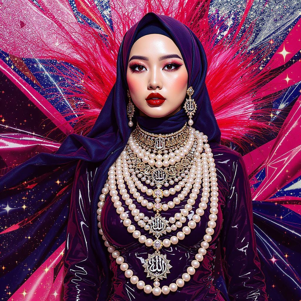 Woman in Hijab with Pearl Jewelry, Digital Art