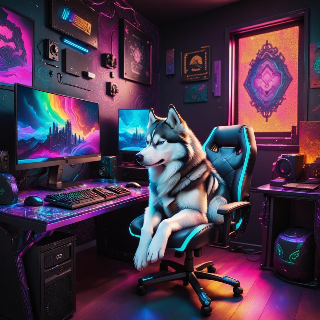 Cyberpunk PC Setup with Sleeping Husky, Comic Style