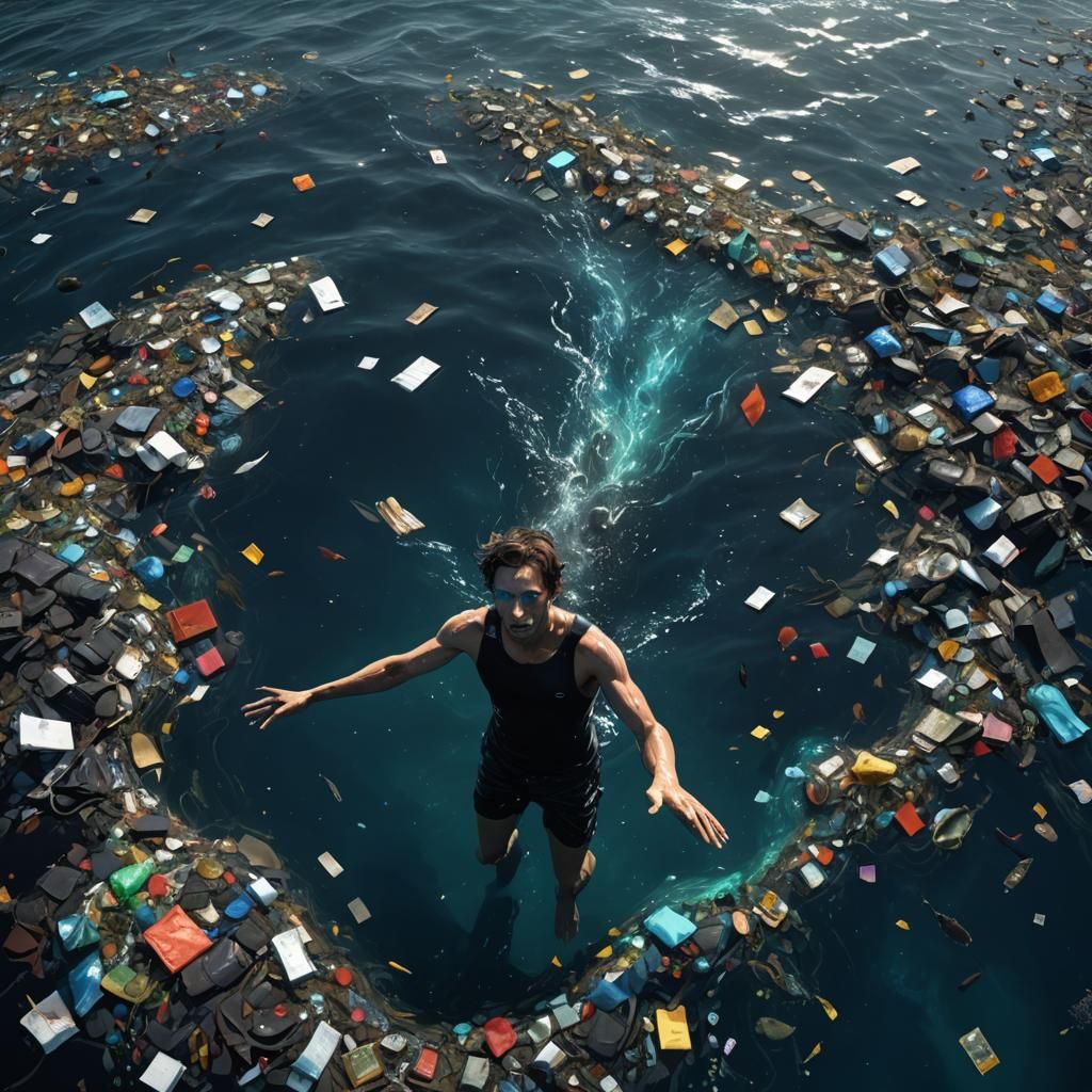 Polluted Ocean Swimmer in Dynamic Splash Art Style