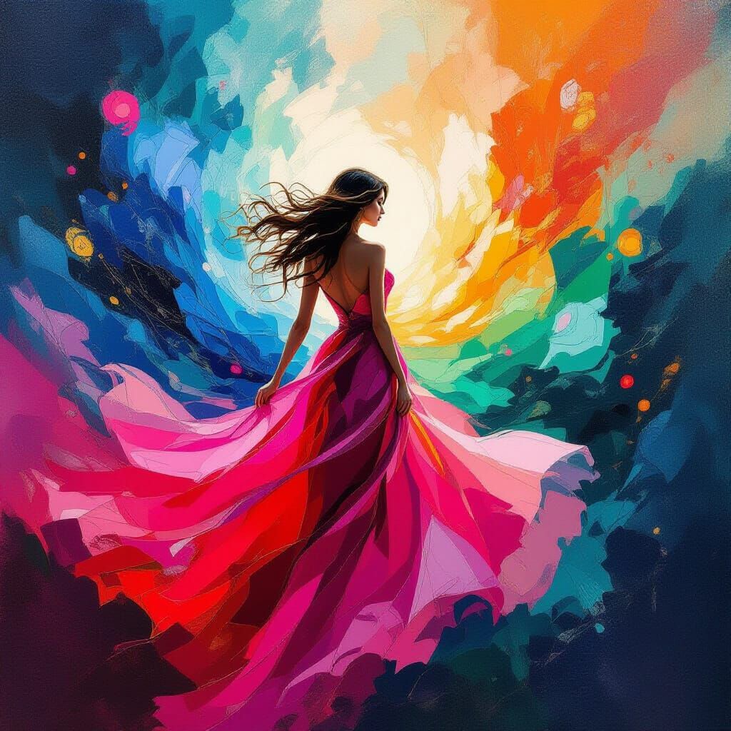 Woman in Pink Dress Transforms into Abstract Color Explosion