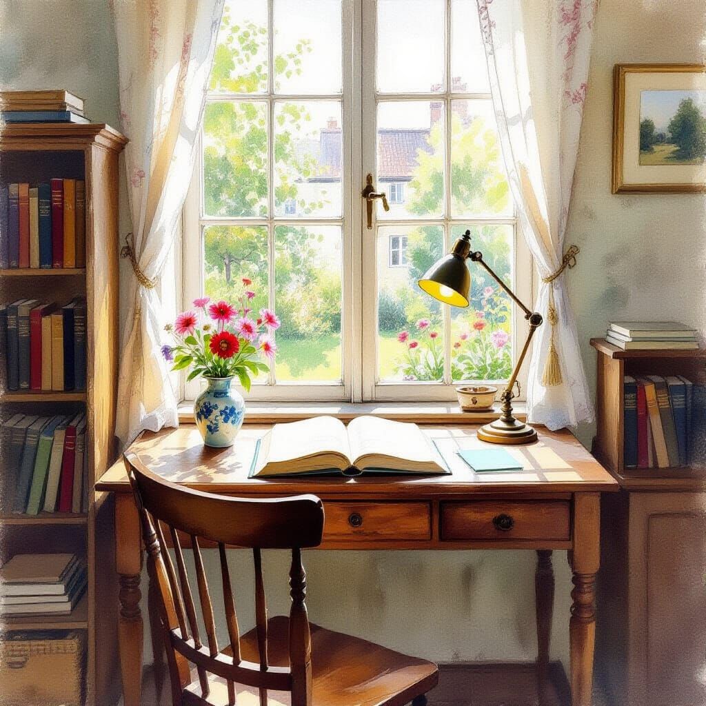 Serene Watercolor Room with Desk and Garden View