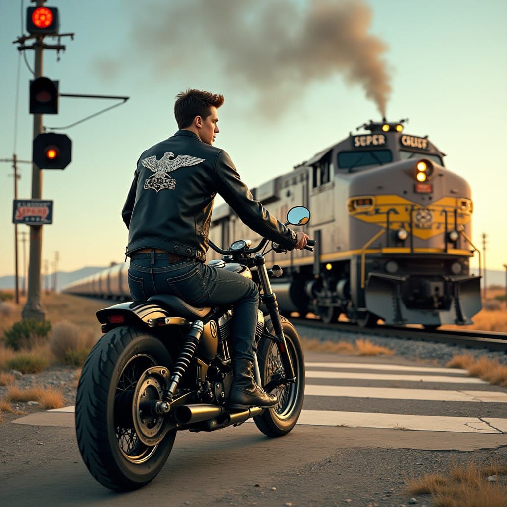 Rebel Biker Speeds Across Railroad Crossing at Dawn
