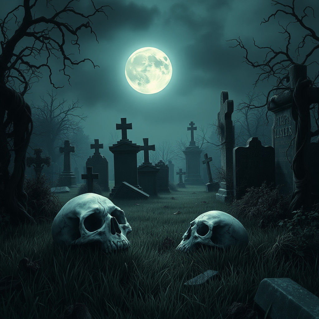 Eerie Cemetery Under Moonlight, Gothic Illustration