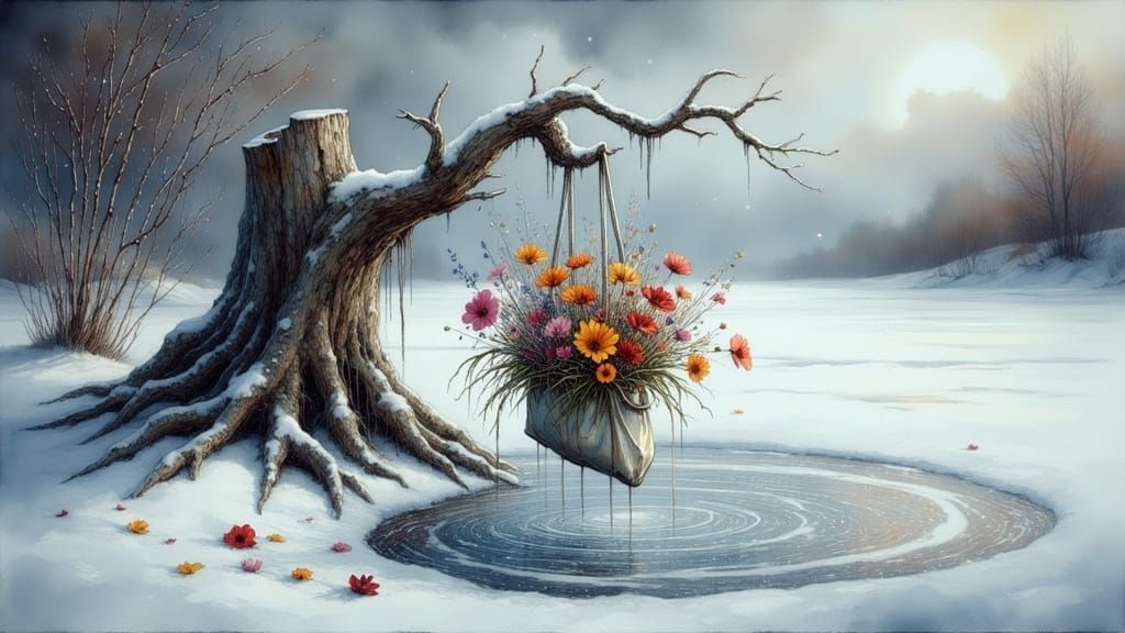 Serene Winter Wonderland with Twisted Tree and Mystical Flow...