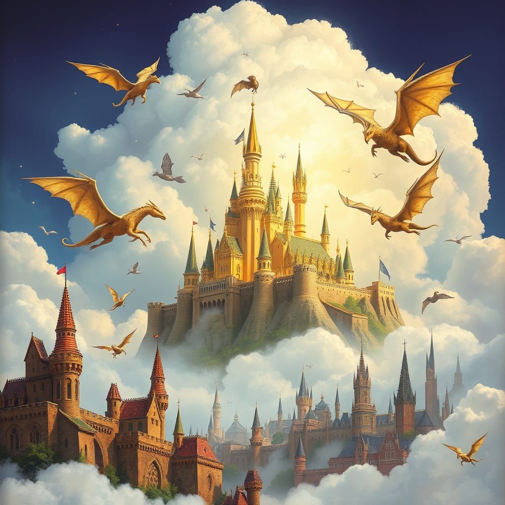 Epic Fantasy Castle Amidst Whimsical Clouds and Creatures