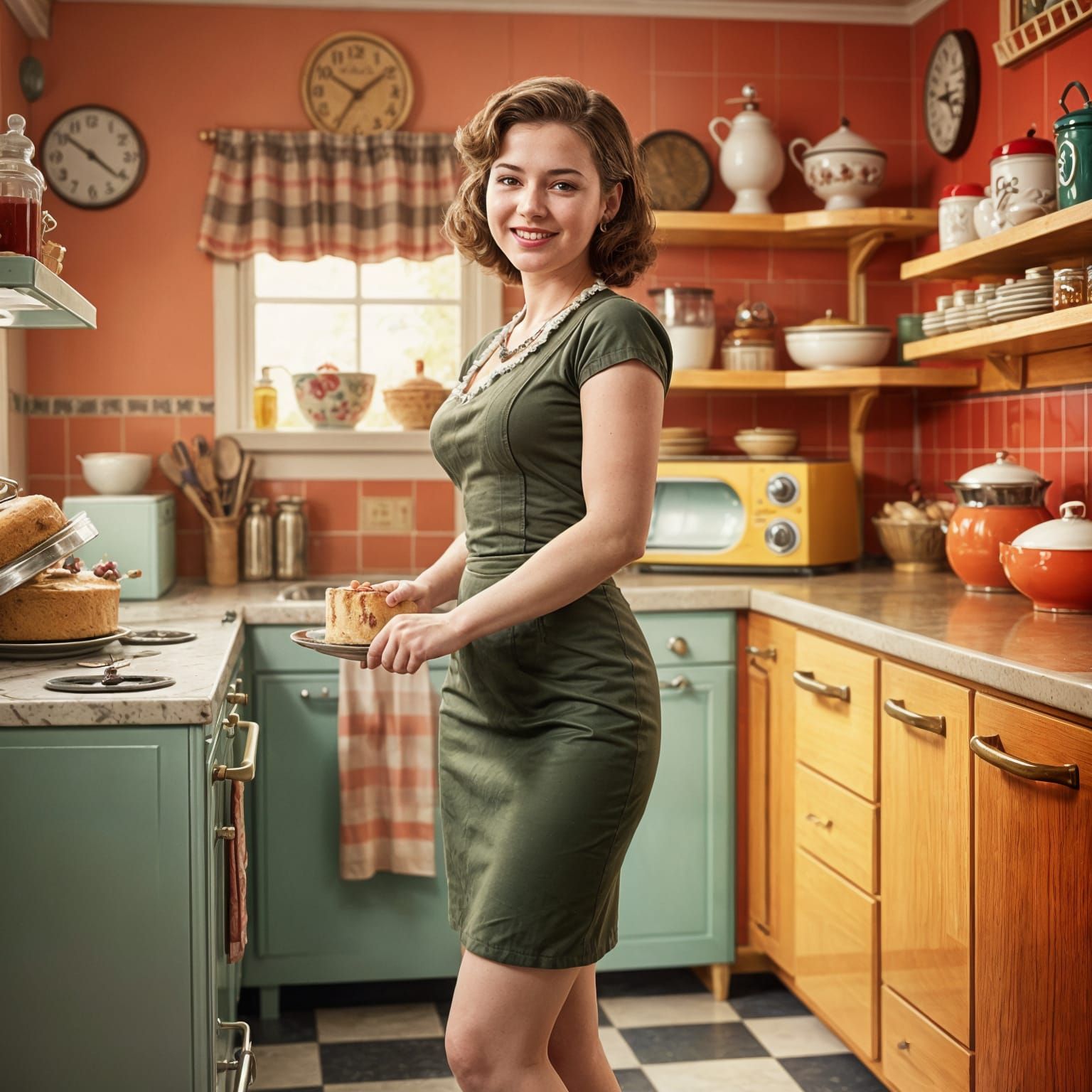 Tradwife Baking Cake in 1950s Kitchen: Hyperrealistic Art