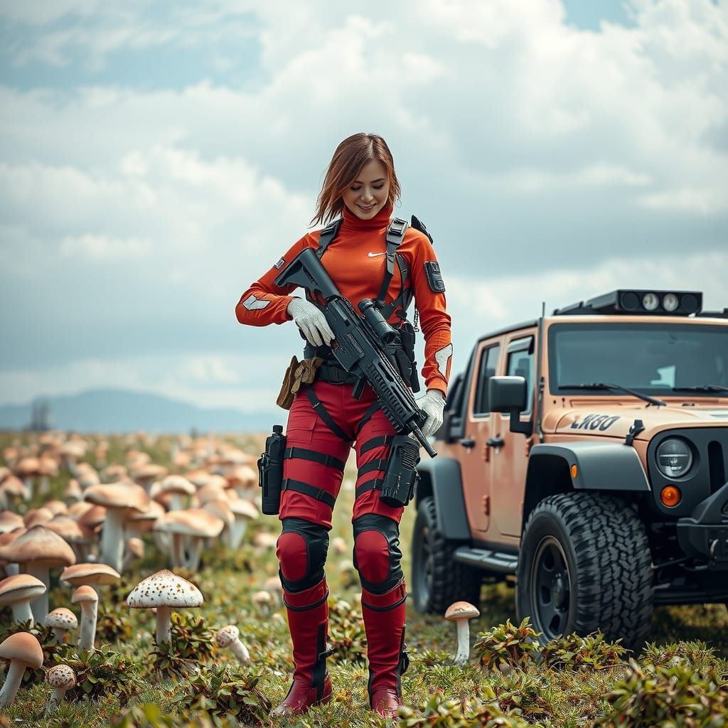 Female Warrior in Tactical Gear Amidst Giant Mushrooms