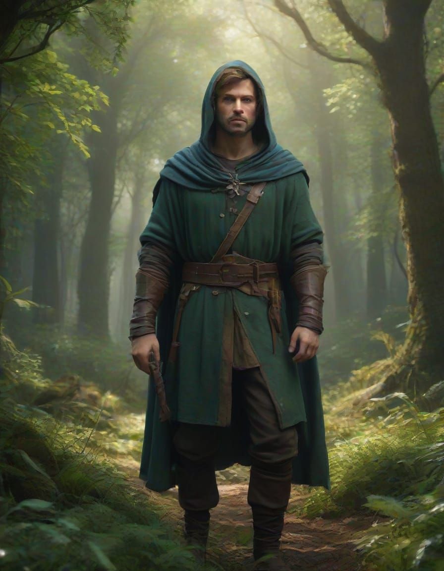Heroic Medieval Warrior in Lush Forest Landscape