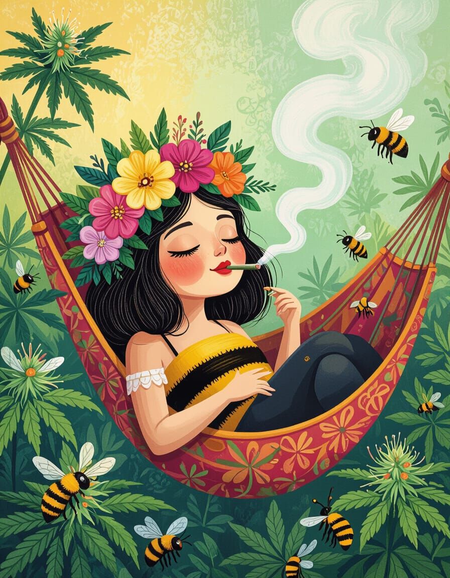 Bumble Bee Queen Relaxes in Hammock, Gouache Painting