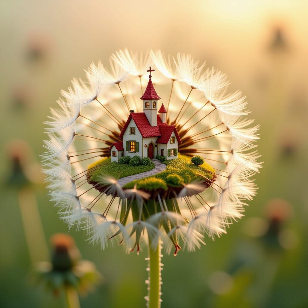 Fairytale Village on Dandelion in Impressionist Gouache