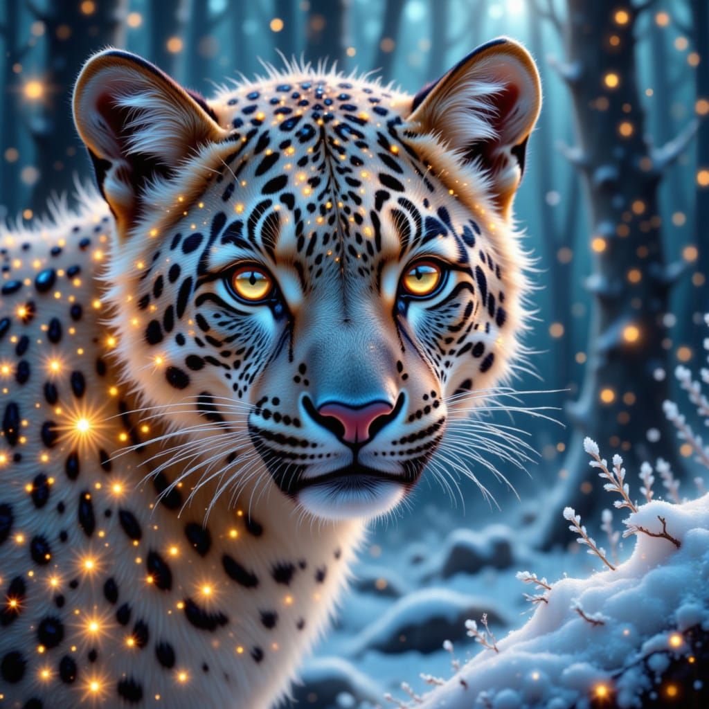Magical Glimmering Winter Leopard in Snow