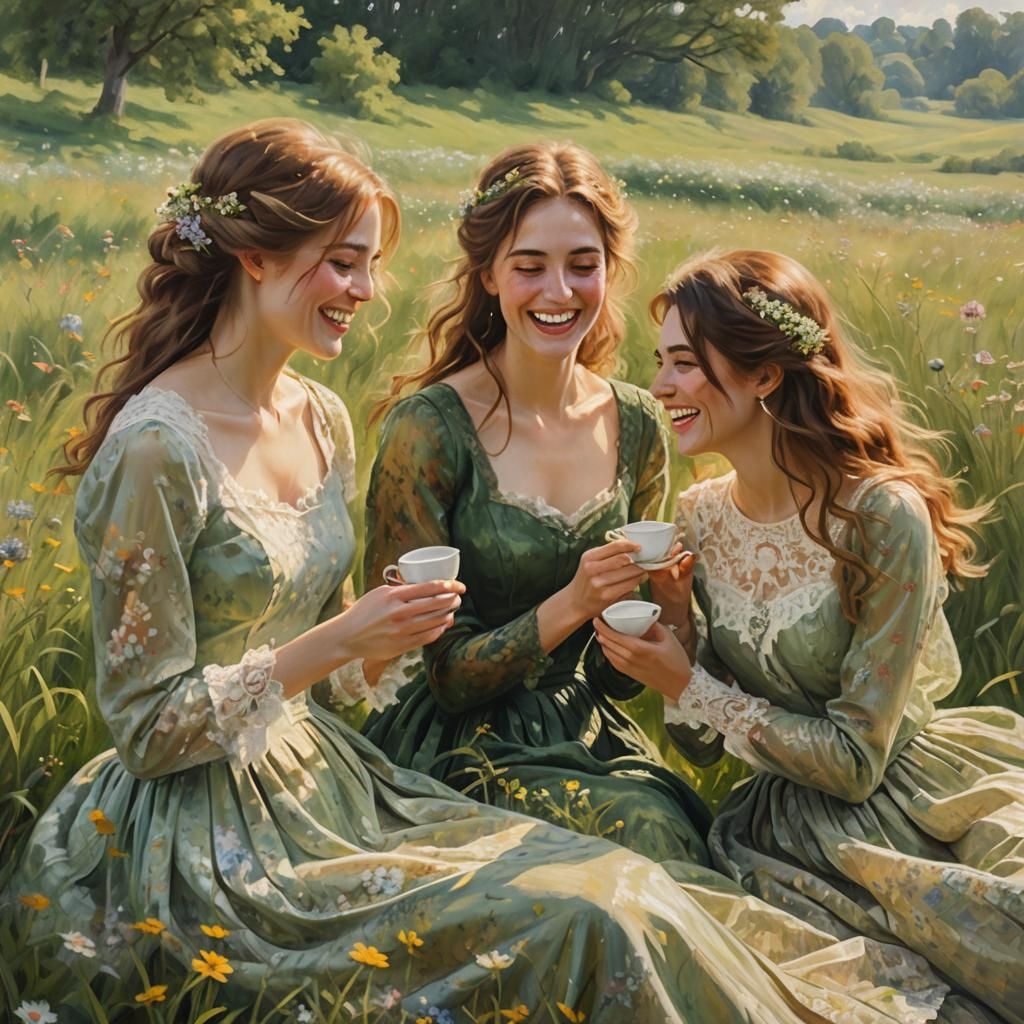 Elegant Ladies in Meadow, Impressionistic Oil Painting