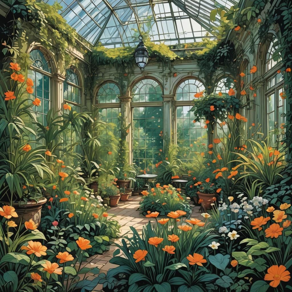 Orangerie with Colorful Flowers in Comic Book Art
