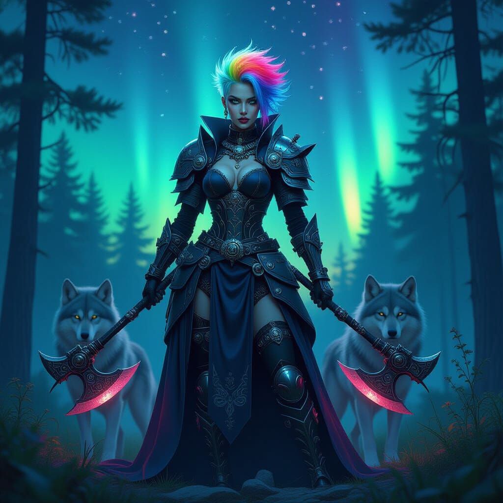 Gothic Female Warrior in Forest with Aurora Borealis