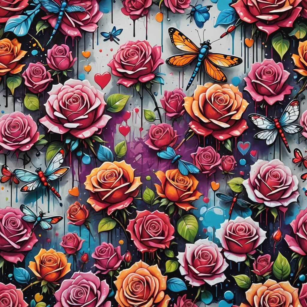 Super bright Roses, hearts and dragonflies