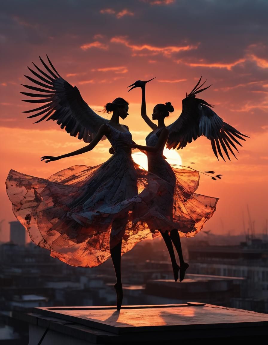 Dancing Silhouettes: Crane Bird and Girl on Rooftop