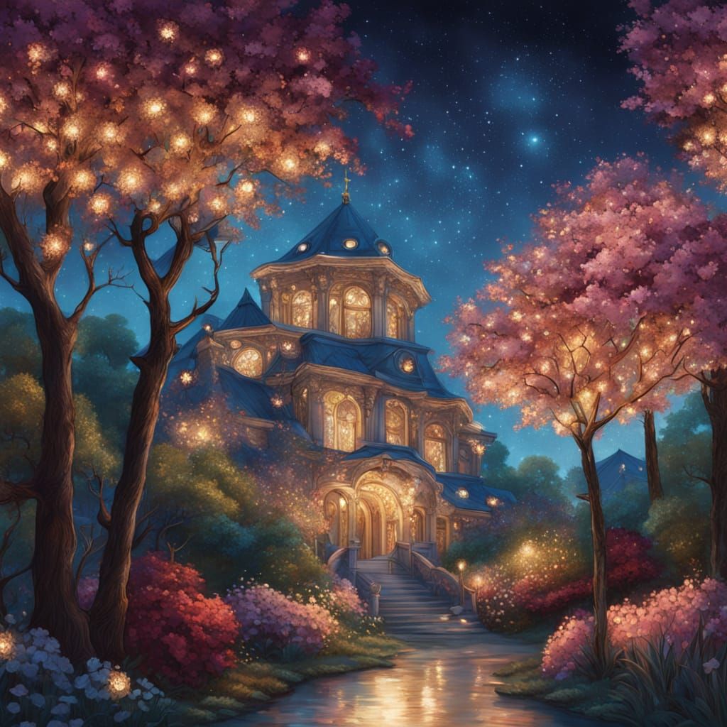 Fira in Art Nouveau Flower Garden at Night