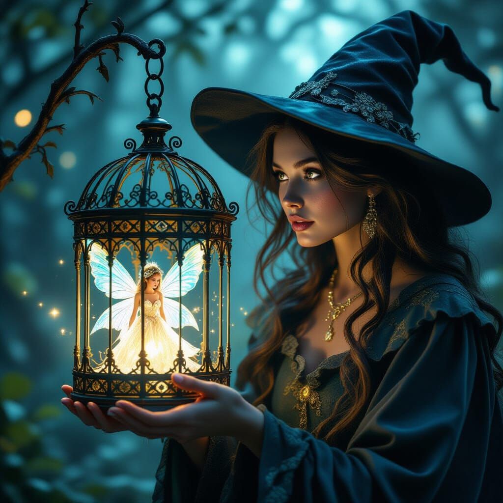 Ugly Witch Holds Enchanted Birdcage With Trapped Fairy