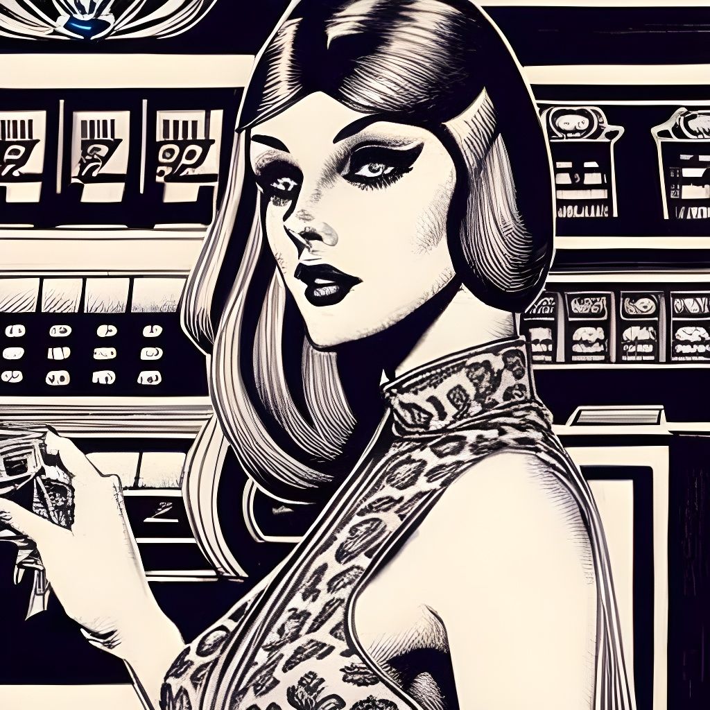 Woman at Slot Machine in Pencil Sketch Style