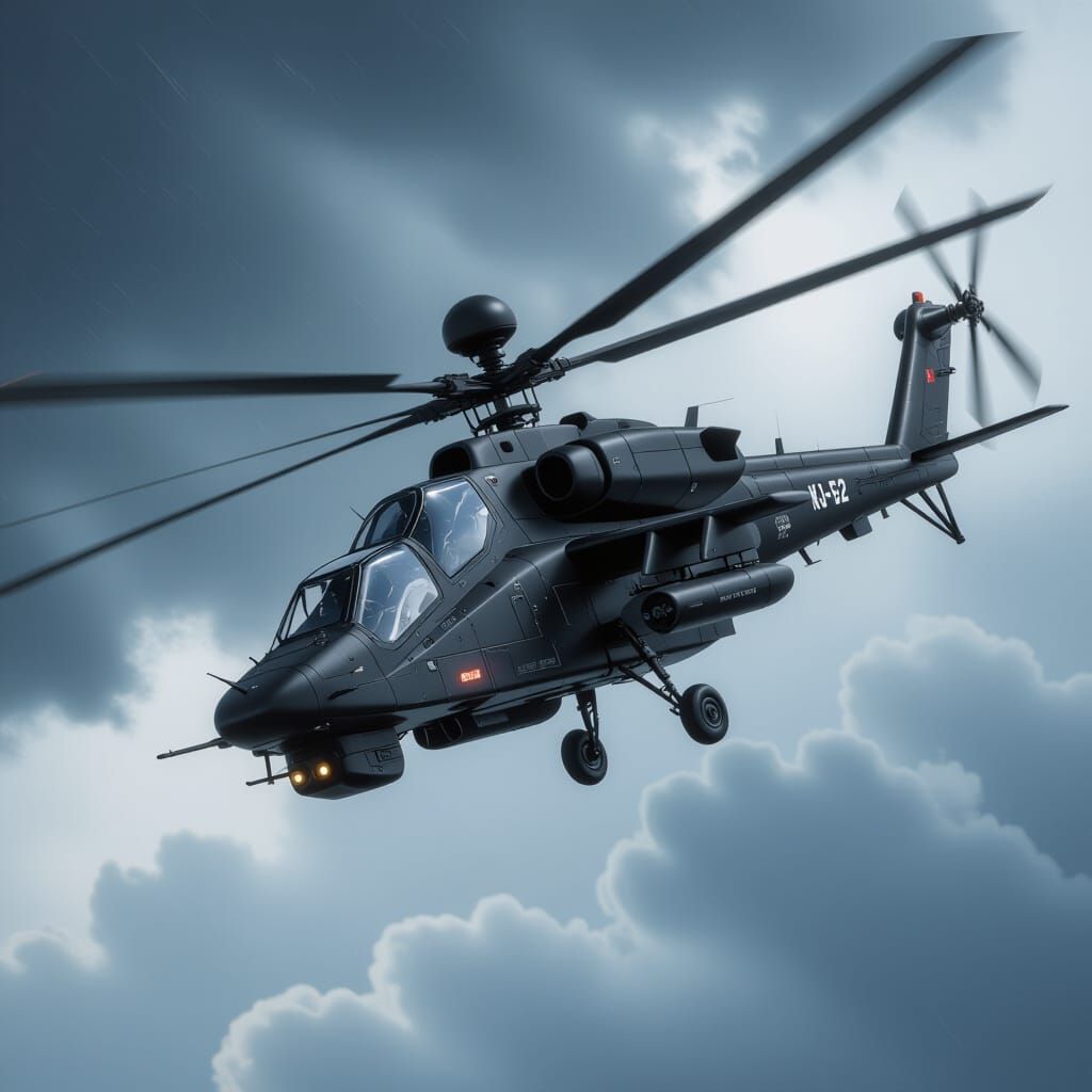 Ka-52 Alligator Helicopter in Stormy Sky, Syd Mead Style