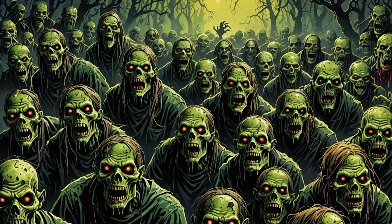 Psychedelic Horror: Undead Zombie Horde in Surreal Art