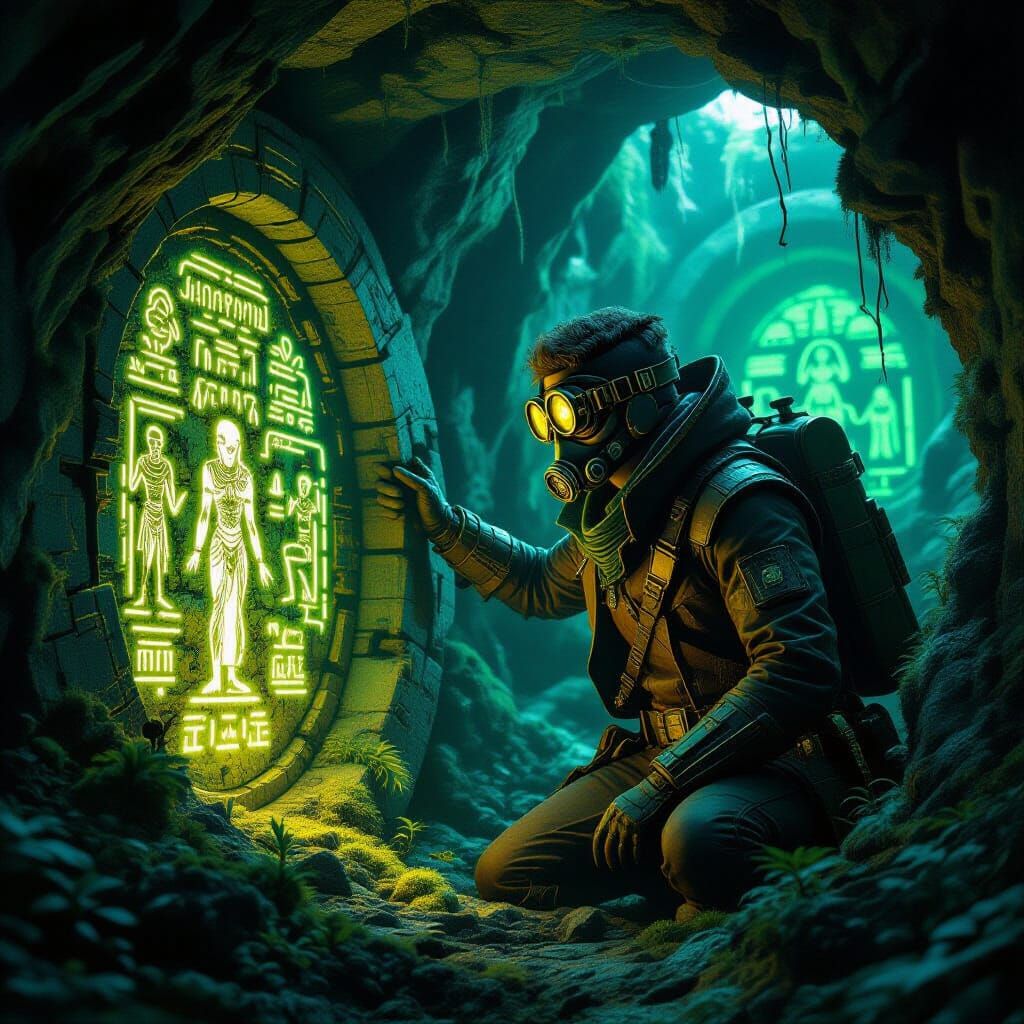 Explorer Discovers Alien Hieroglyphs in Bioluminescent Chamb...