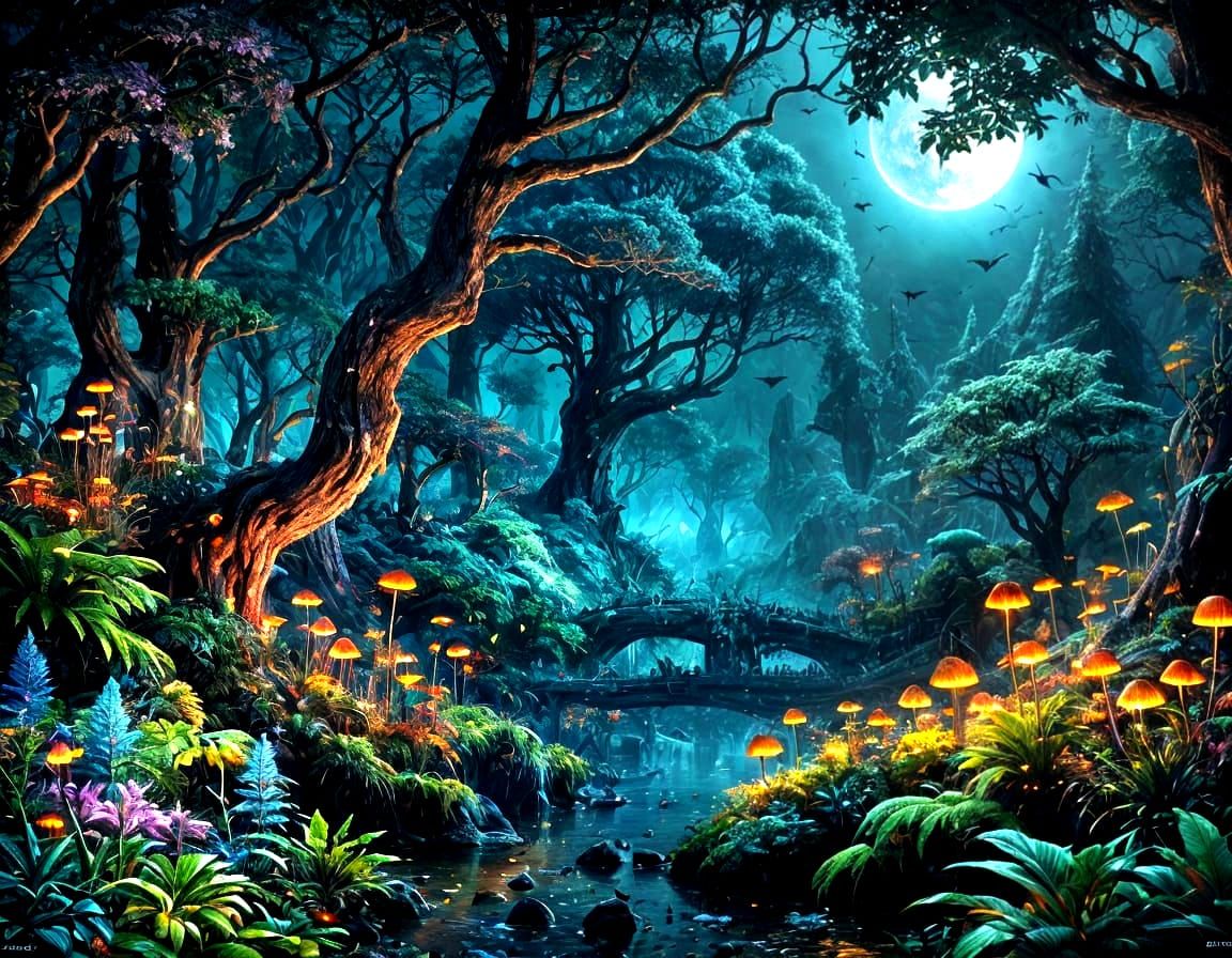Fluorescent Fantasy: Magical Landscape in Moonlight