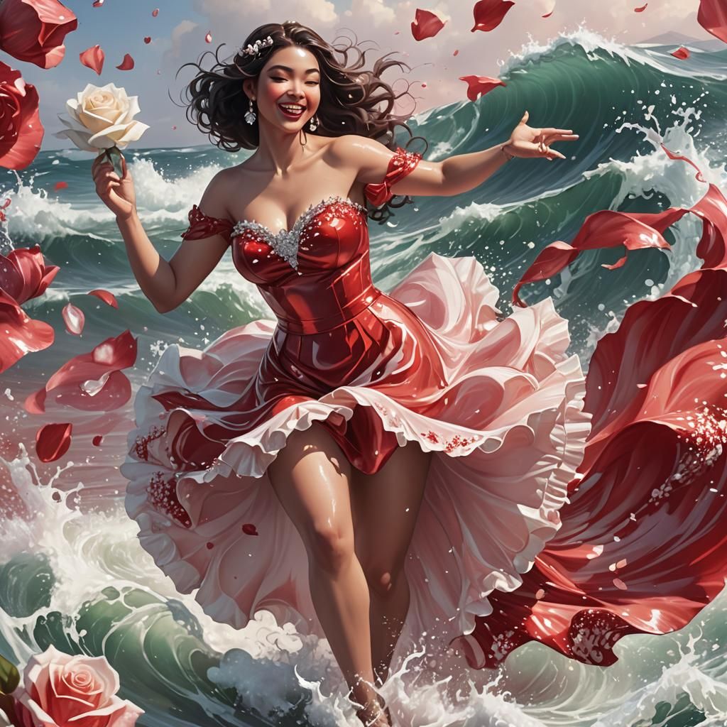 Rose Motif Dress in Ocean Waves, Fantasy Art