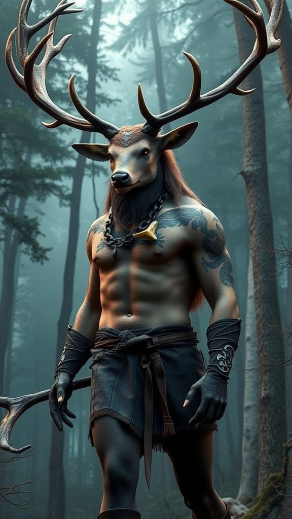 Stag-Viking Warrior Hybrid in Norse Forest