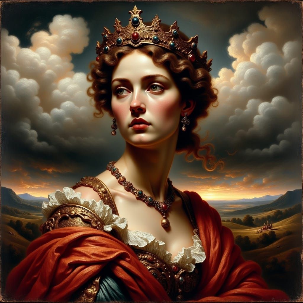 Regal Woman with Crown in Romantic Oil Painting