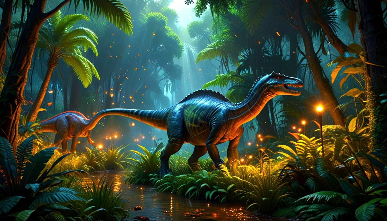 Brachiosaurus in Lush Jurassic Forest: Surreal Impressionism