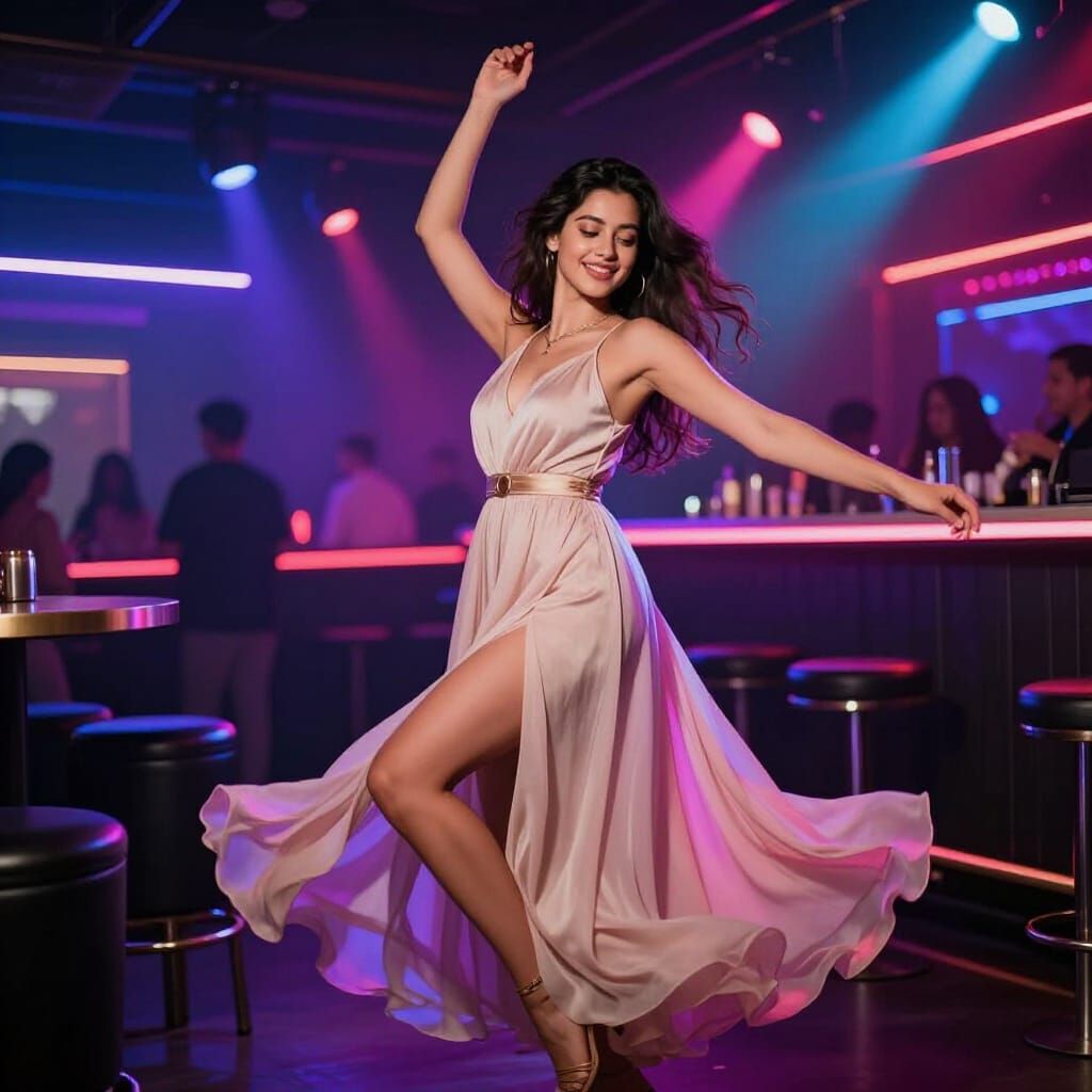 Woman Dancing in Vibrant Neon Nightclub