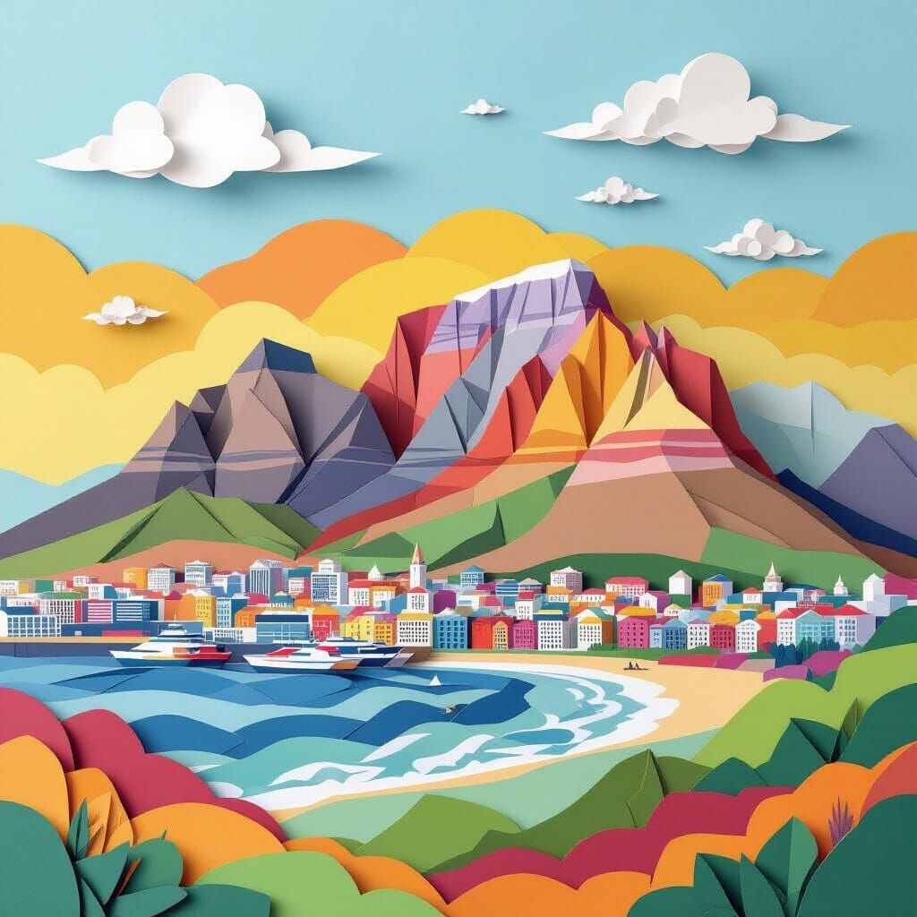 Vibrant Paper Model of Table Mountain in Triadic Colors