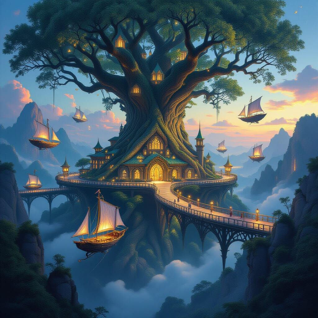 Elven City in Giant Tree with Airships