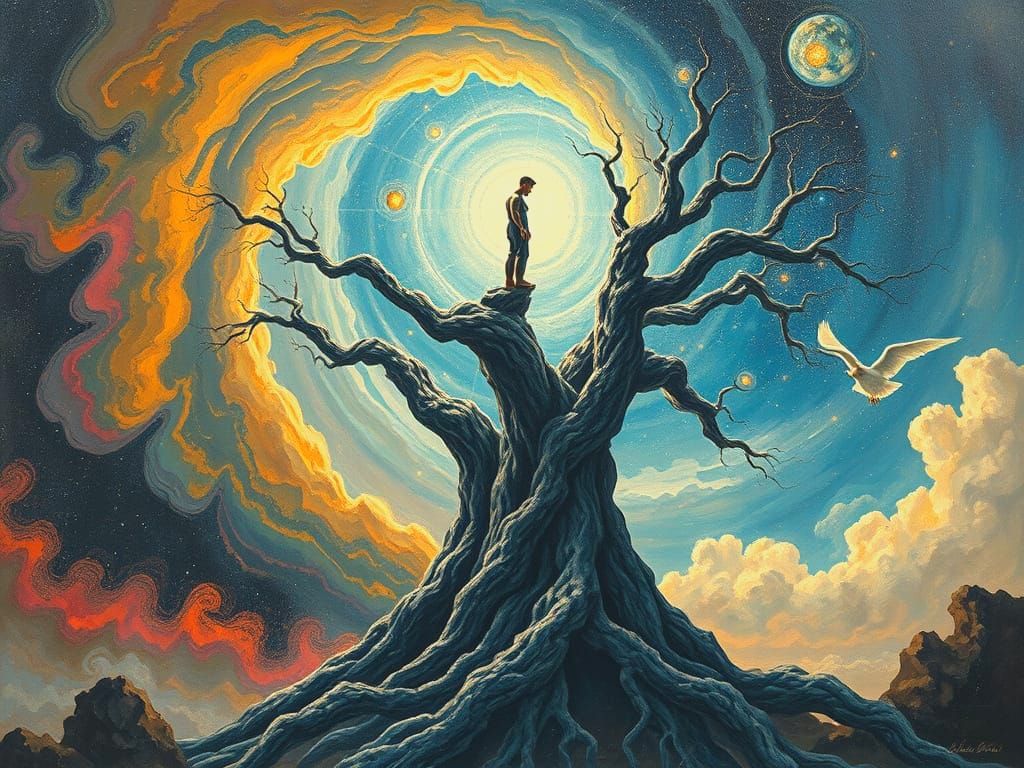 Ethereal Light Figure on Ancient Tree Under Cosmic Sky