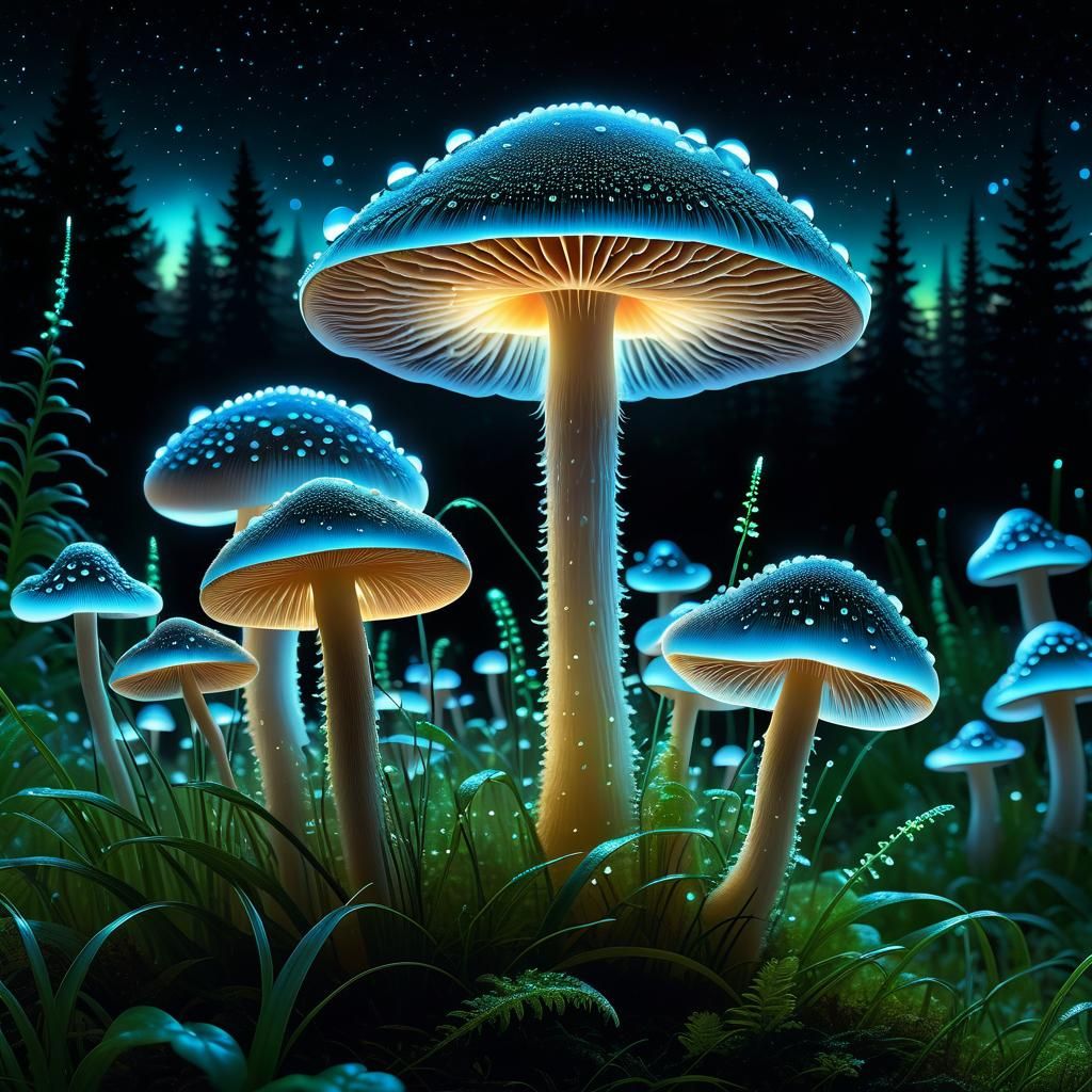 Bioluminescent Mushroom Field Illustration at Night
