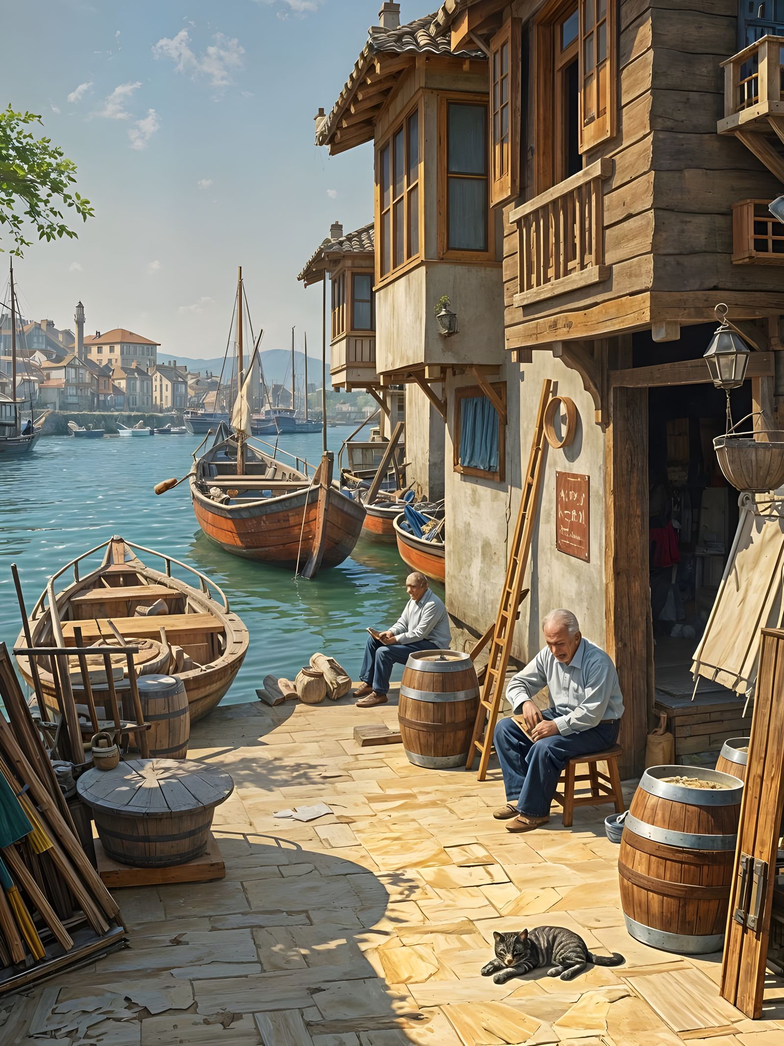 Picturesque Riverside Scene with Traditional Wooden Houses