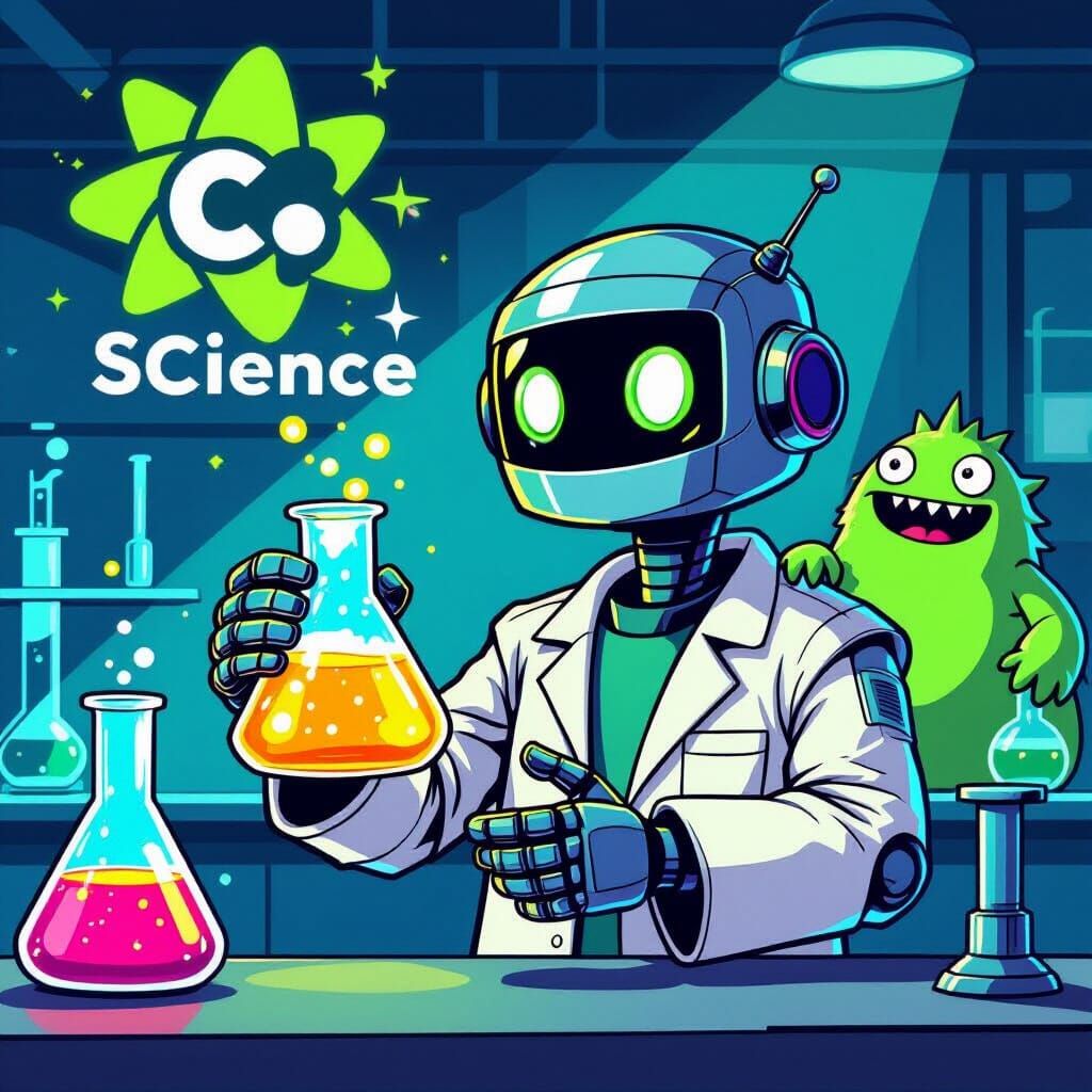 Comic Book Robot Scientist in Vibrant Lab