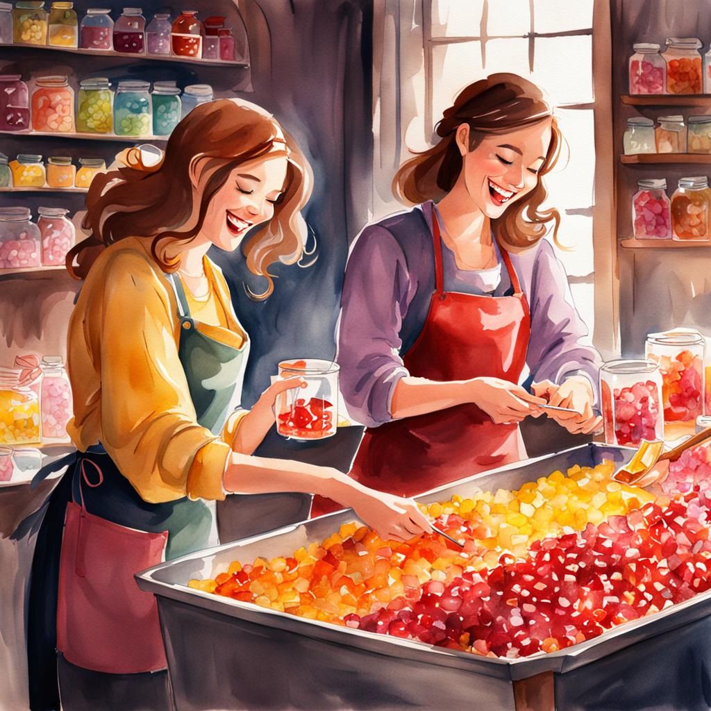 Women Sorting Candy in Watercolor Style