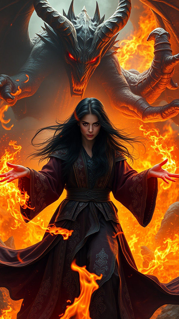 Wizard Battles Demon with Fire Magic, Dark Fantasy