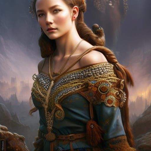 Charming Viking Woman in Village: Digital Art