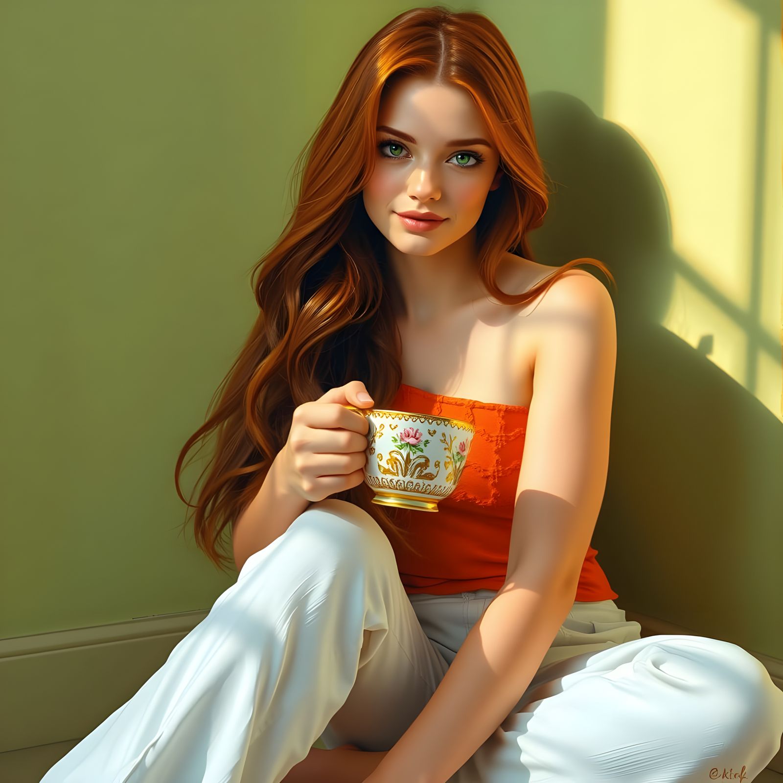 Romantic Oil Painting of a Woman with Green Eyes