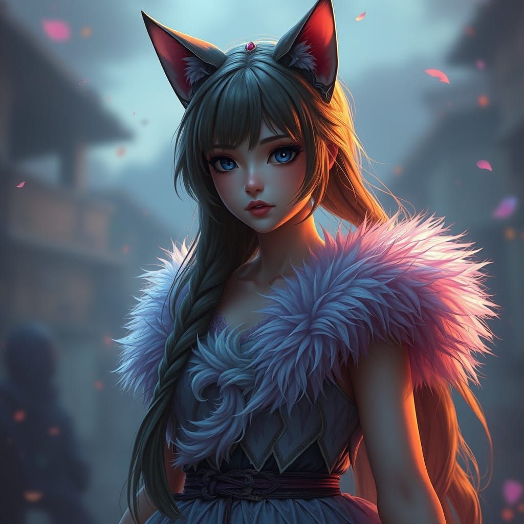 Girl with Feline Ears and Fluffy Dress in Vibrant Fantasy Sc...