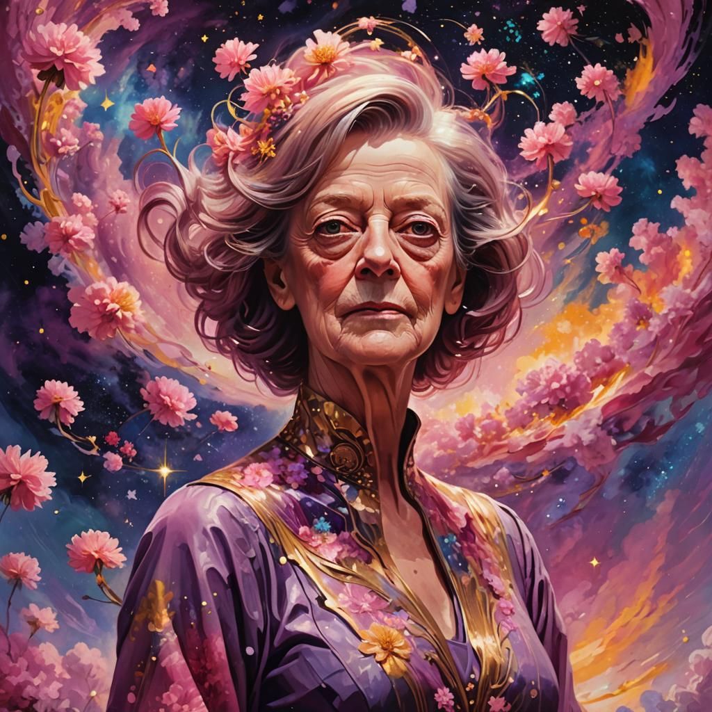 Pink Galaxy Portrait with Glowing Flowers