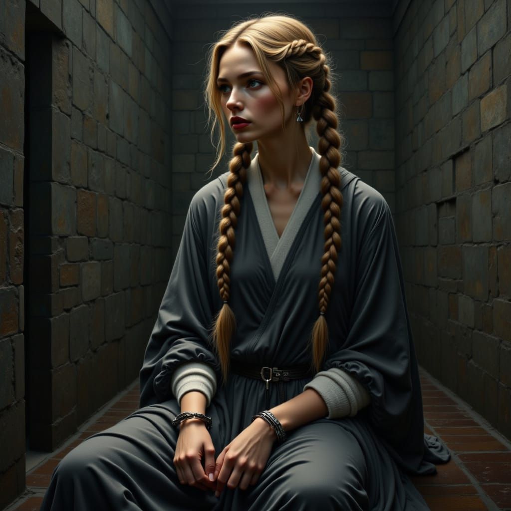Girl in Prison Cell with Blonde Braids in Dramatic Light