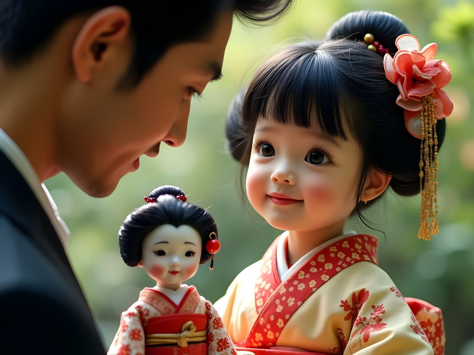 Father Presents Kintsugi Doll in Japanese Garden